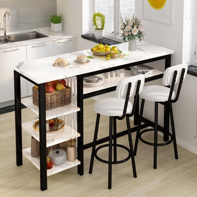 Modern 3-Piece Bar Table Set with PU Cushion Stools & 3-Tier Storage by Wrought Studio