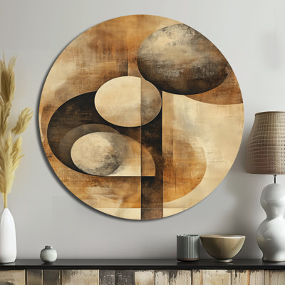 Orbiting Shapes In Sepia Space - Art mural rond en métal abstrait