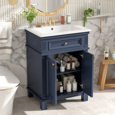 Armoire de salle de bain 24 po avec portes à fermeture douce et tablette réglable, meuble-lavabo avec lavabo en céramique