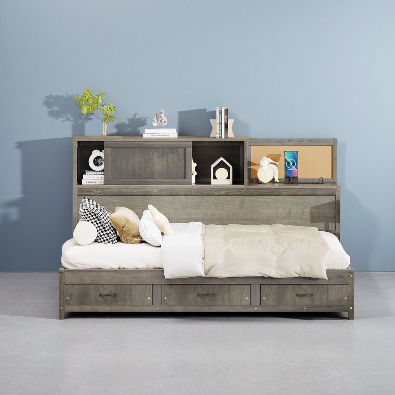 Lit de jour simple en bois avec 3 tiroirs de rangement, tablette souple supérieure, tablette et ensemble de prises et ports USB