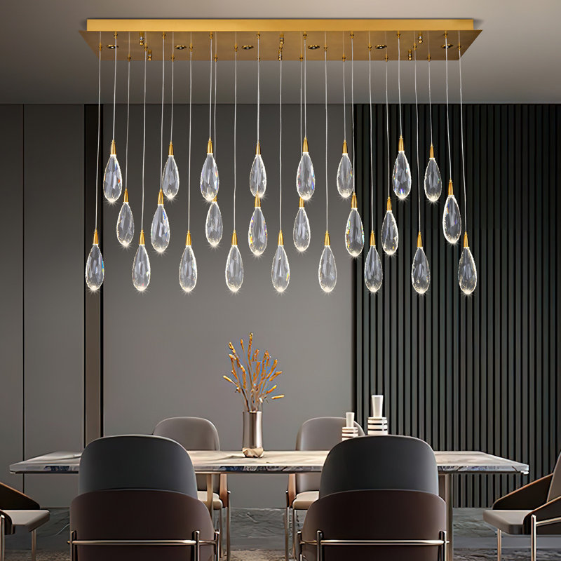 Naleya 31-Lights Dimmable Rectangle Ranidrop LED Crystal Chandelier, Brushed Gold