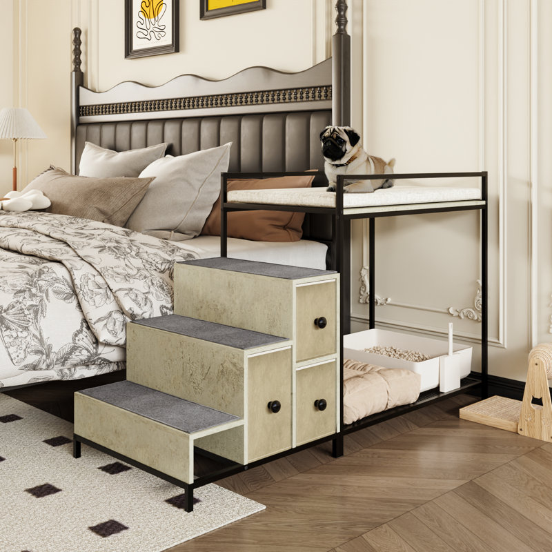 Lit superposé pour animaux de compagnie avec escalier et rangement, Gris