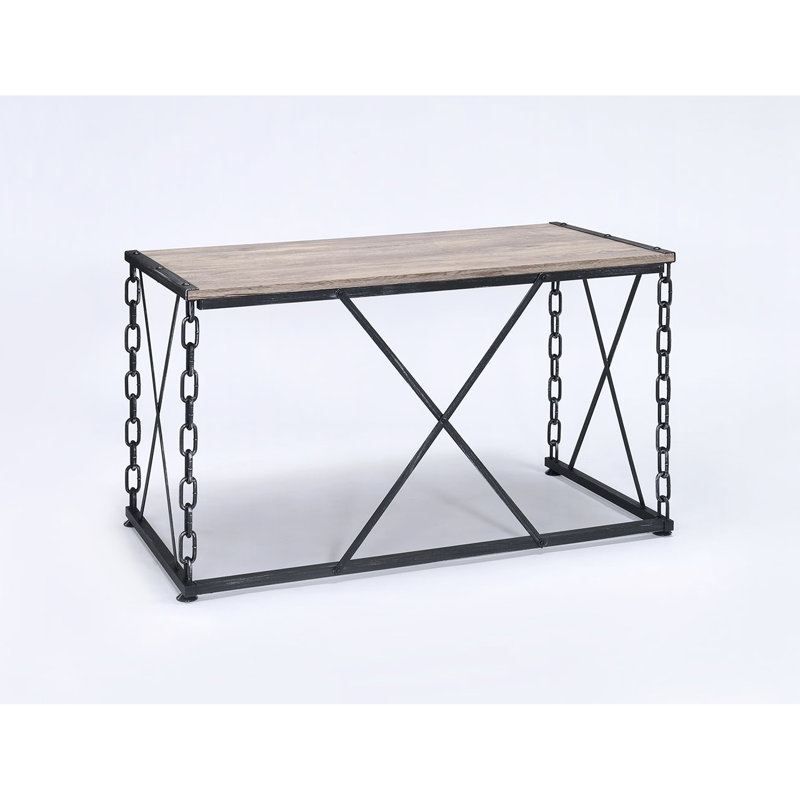 Console rectangulaire en chêne rustique et noir antique avec plateau en bois et pieds de support en métal