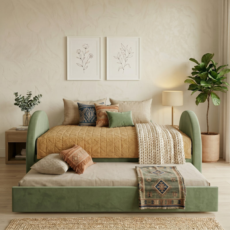 Upholstered Daybeds With Pull-Out Trundle, Modern Curved Bed Frame With Padded Headboard & Footboard, Detachable 2-In-1 Design For Sleepovers