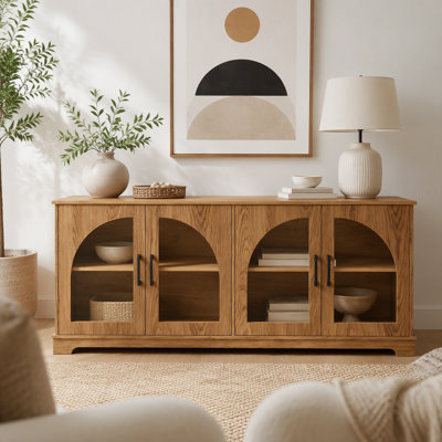 Farmhouse TV Stand for 70" TV with Semi-Arched Glass Doors and Adjustable Shelves