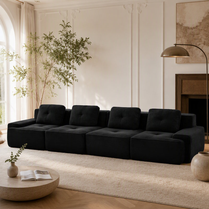 Canapé modulaire moderne en forme de U avec tissu velours côtelé, assise profonde et repose-pieds mobile, Velours côtelé noir