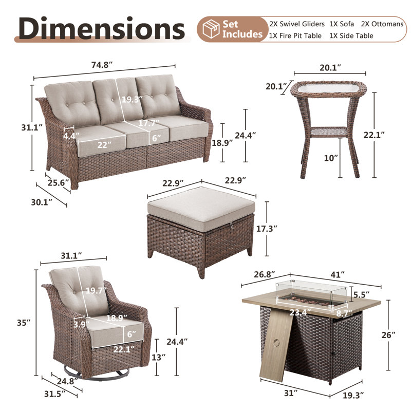 Acton 7 - Pieces Outdoor Wicker Sofa Seating Group With 6" Thick Cushions, Ottomans And Fire Pit, Beige