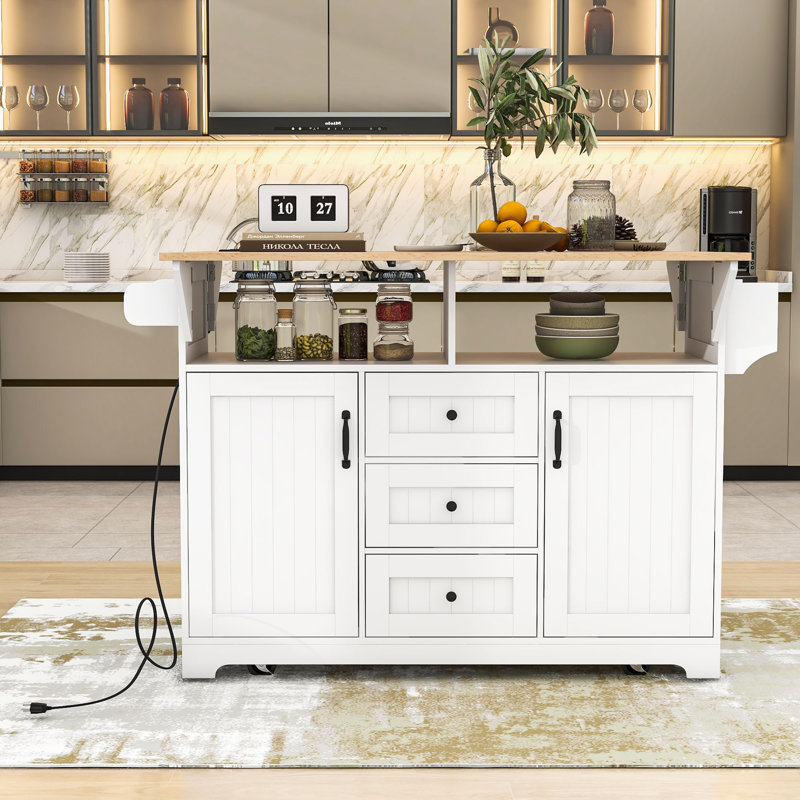 Rolling Expandable Kitchen Island with 2 Drop Leaf, Built-In Power Outlets and Storage Cabient, White