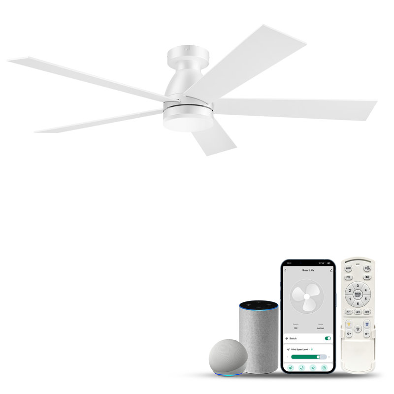 52 Inch Smart Remote,Alexa,APP Control White Ceiling Fan with Dimmable LED Light Outdoor Indoor Flush Mount Low Profile 6 speeds Reversible Quiet DC Motor Plywood 5 Blades Color Change for Farmhouse,Dining Room,Living Room