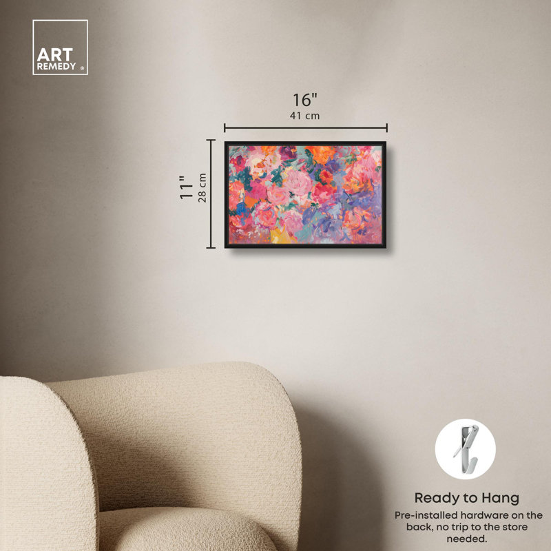 Art mural floral kaléidoscope de couleurs sur toile par Art Remedy, H 11 po x l 16 po, Cadre flottant noir