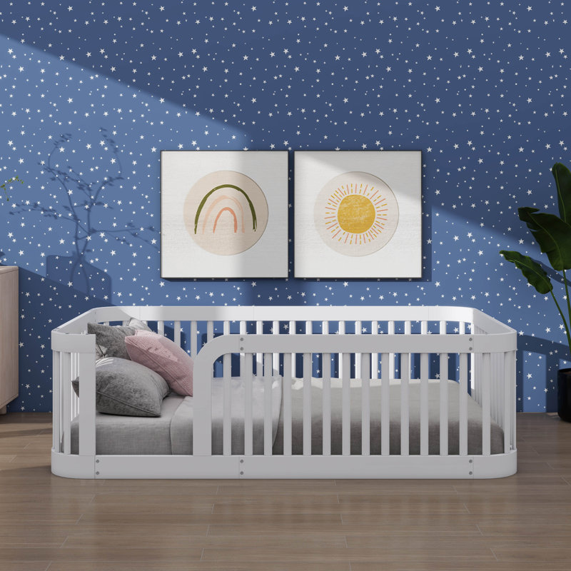 Structure de lit Montessori en taille double, équipée d'une barrière, Blanc