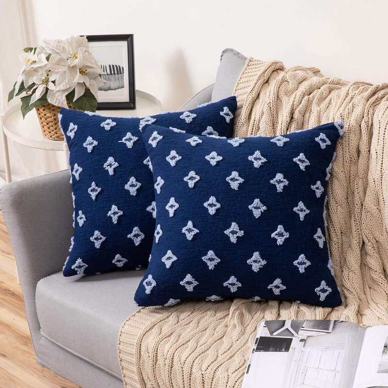 (Couvertures seulement) Ensemble de deux housses de coussin brodées en diamant blanc, H 20 po x l 20 po, Bleu marine