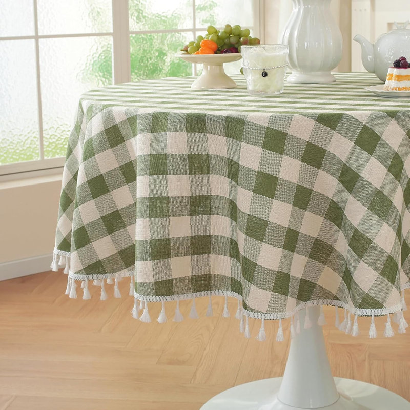 Green Checkered Spring Round Tablecloth 60", Washable Cotton Linen Buffalo Plaid Table Cover With Tassels, Gingham Tablecloth For Home Decor, Fits 30-48" Table
