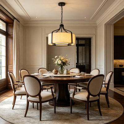Lustre tambour 4 lumières de style campagne moderne 18 "avec abat-jour en lin beige pour îlot de cuisine