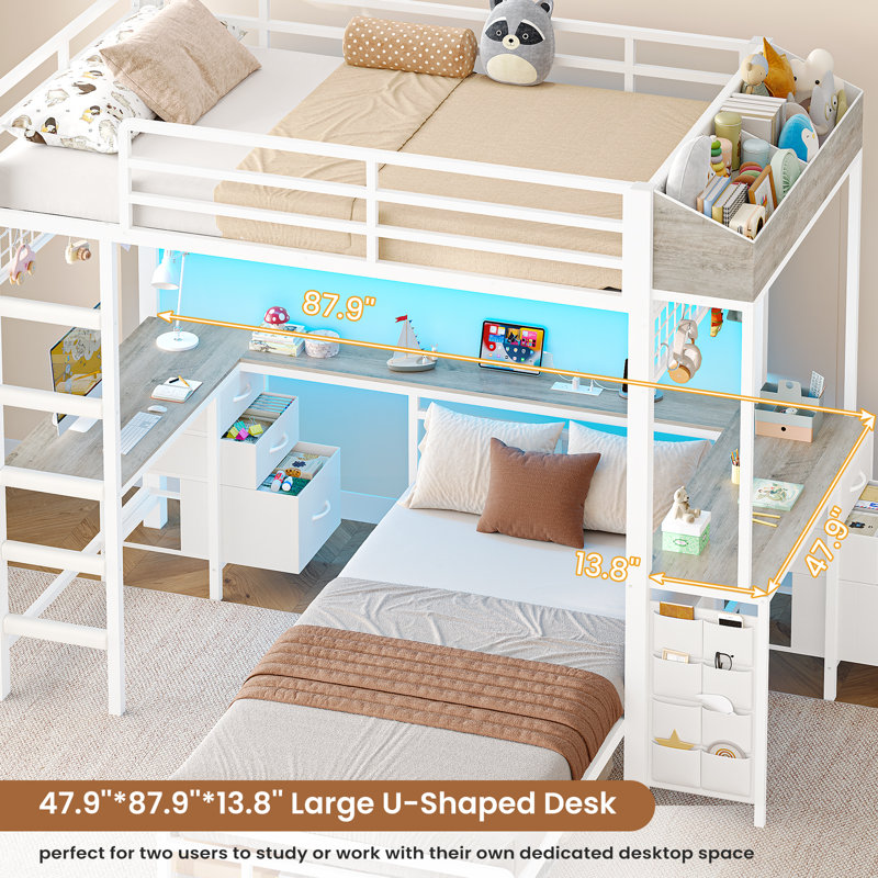 L-Shaped Bunk Bed with Dual Desks and Storage - Metal Platform Loft bunk bed for 2 People, White + Gray