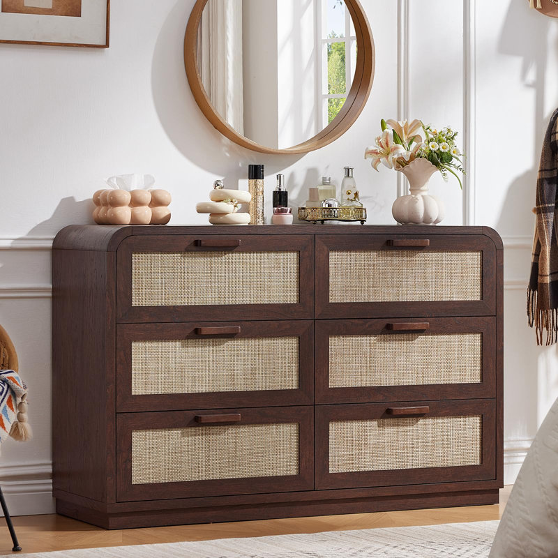 Commode 6 tiroirs en rotin avec poignées en bois massif, 5 po de profondeur et anti-basculement, Noyer
