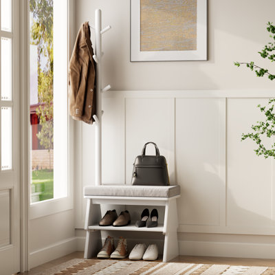 Solid Wood Entryway Bench with Integrated Shoe Rack & Coat Hooks – Angled Side Design