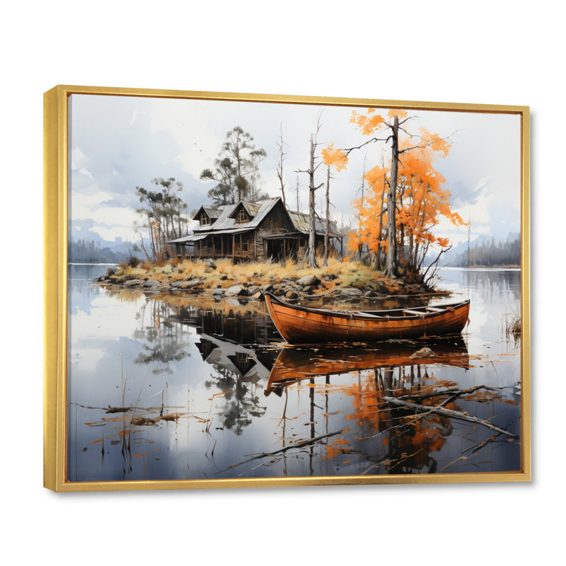 Brown Lakehouse Reflections of Solitude V - impression, 30" H x 40" W, Cadre flottant doré