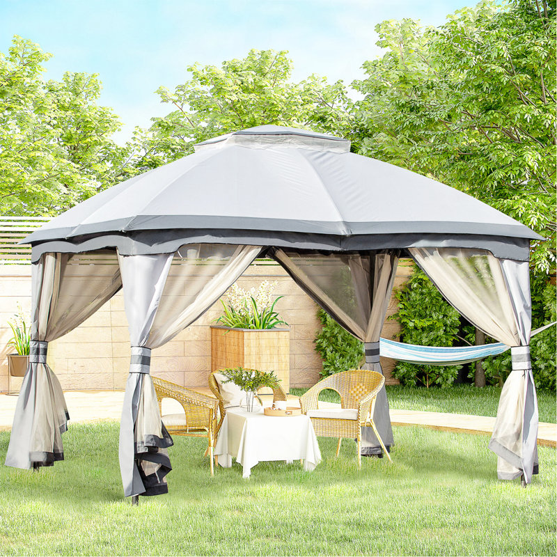 Pavillon de jardin extérieur 10 pi x 12 pi, abri de pavillon pour pavillon avec toit à double aération, parois latérales en filet à fermeture à glissière, structure en acier massif, gris
