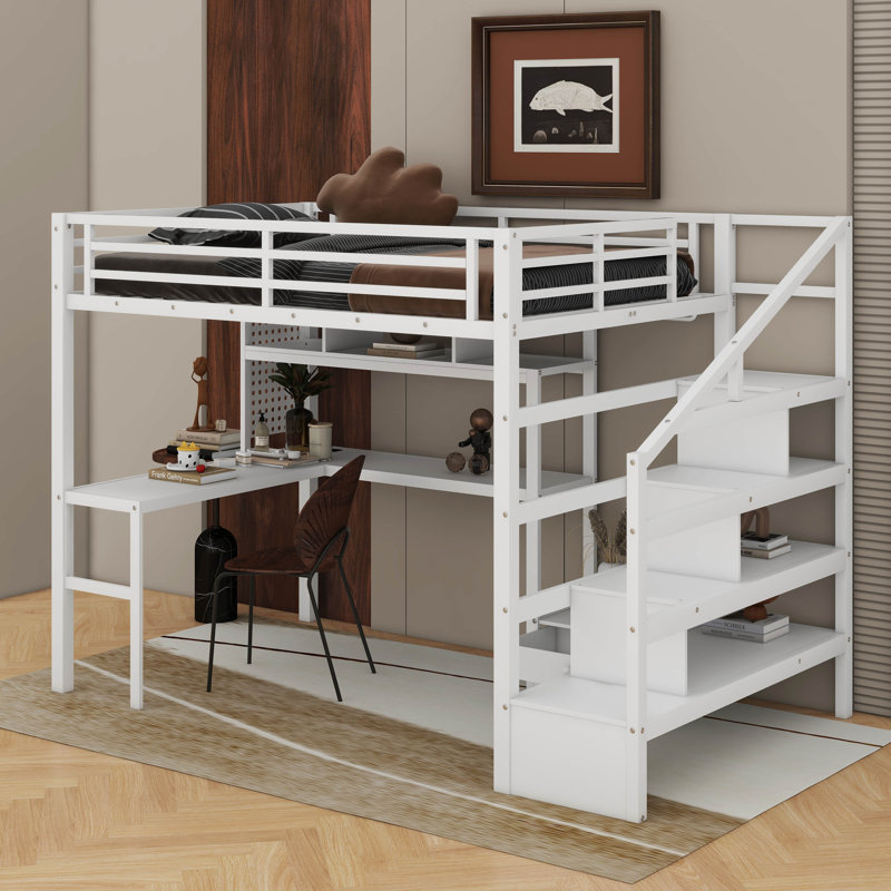 Lit mezzanine double avec lumière DEL et station de charge, lit mezzanine en métal avec bureau et escalier, lit mezzanine avec garde-robe