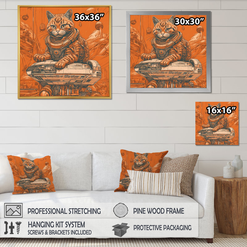 Illustration de l'espace astronout rétro chat I - impression, H 36 po x l 36 po x P 1,5 po, Cadre simple noir