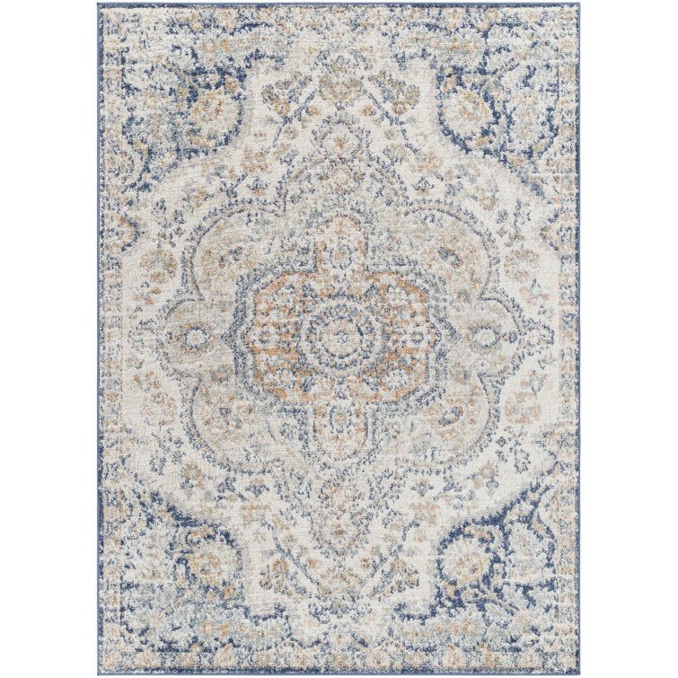 Demontra Oriental Machine Woven Polypropylene Area Rug in Coral/Blue