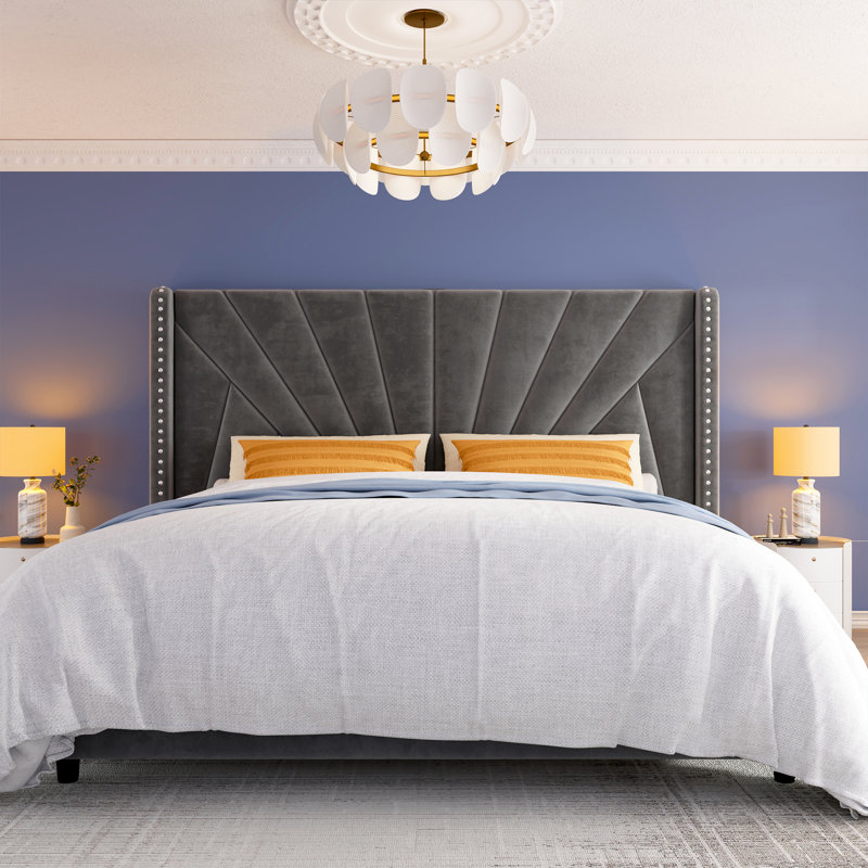 Bed Frame With 51"High Velvet Upholstered  Wingback Headboard, Platform Bed With Charging Station And Led Lights, Gray, Queen