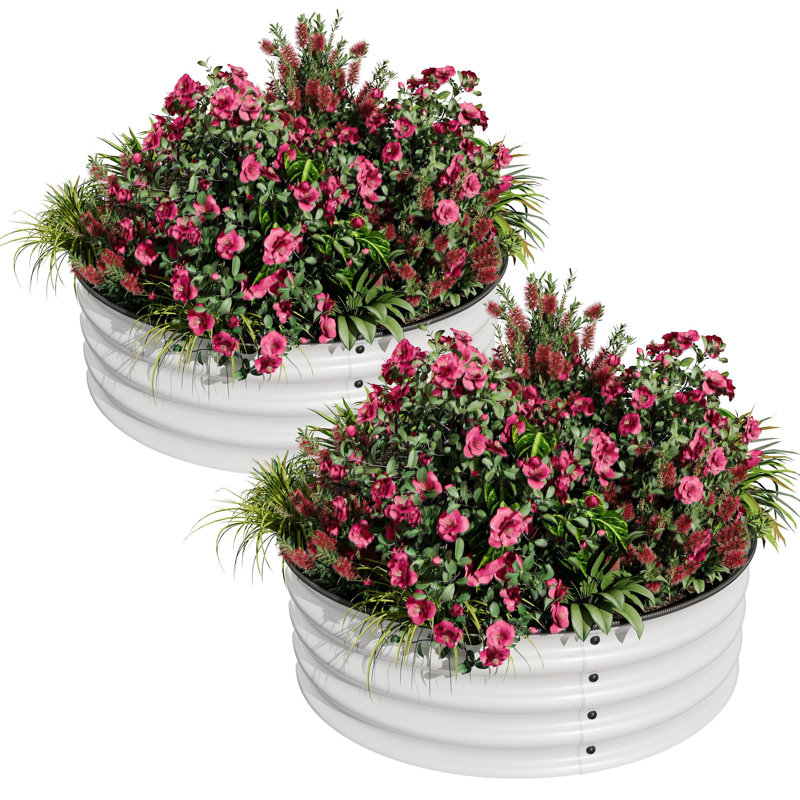 2 Pack Round Galvanized Steel Raised Garden Bed 2x2x1 ft, Rust-Resistant Planter Box for Patio Garden, White