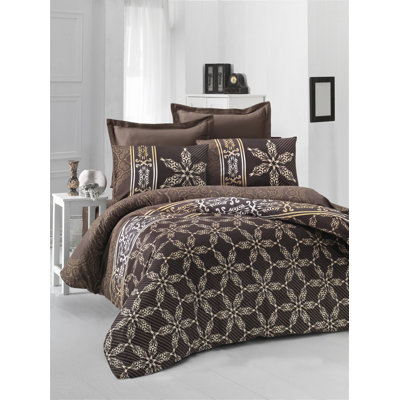 Noblitt Brown/White/Yellow Cotton Satin 210 TC 3 Piece Duvet Cover Set