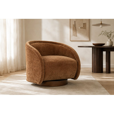 Fauteuil pivotant moderne de style baril avec dossier incurvé à double couche, assise rembourrée moelleuse et pied central rond