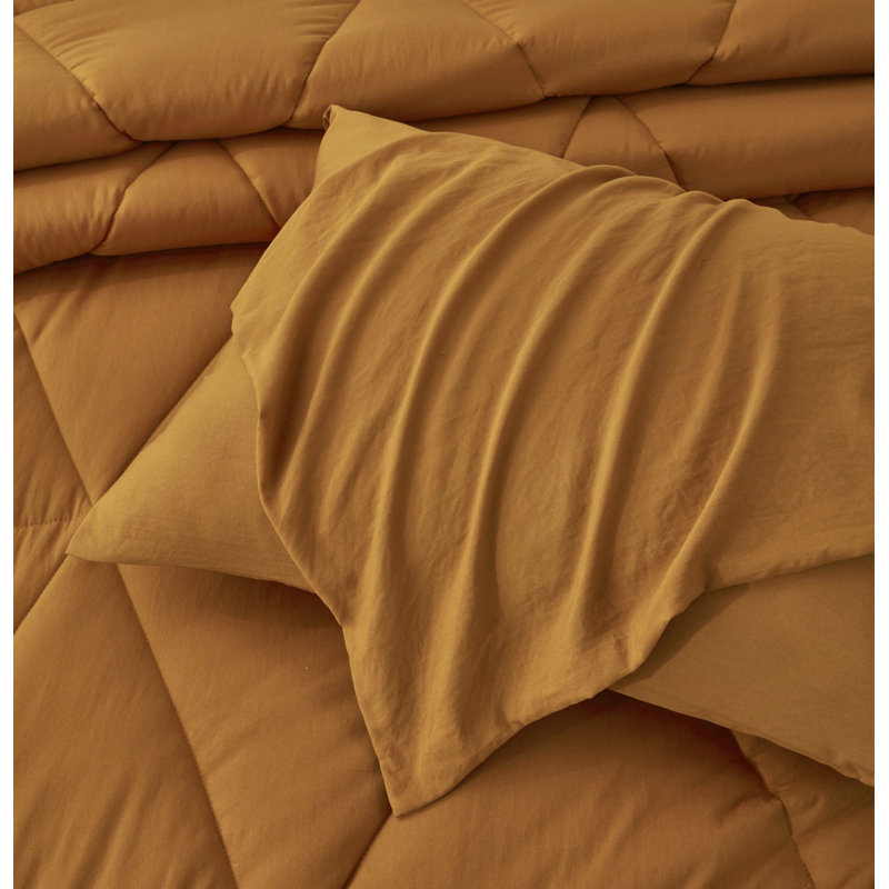 Washed Microfiber Bedding Comforter Set, Twin Comforter + 1 Standard Sham, Yellow