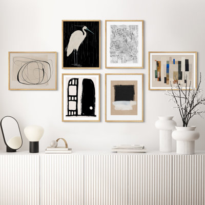 Ensemble de 6 reproductions d'art moderne et grues - impressions minimalistes d'inspiration scandinave dans des tons neutres