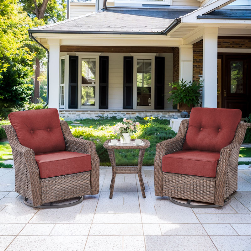 Outdoor Wicker Swivel Glide Chair Set with Cushions, Red