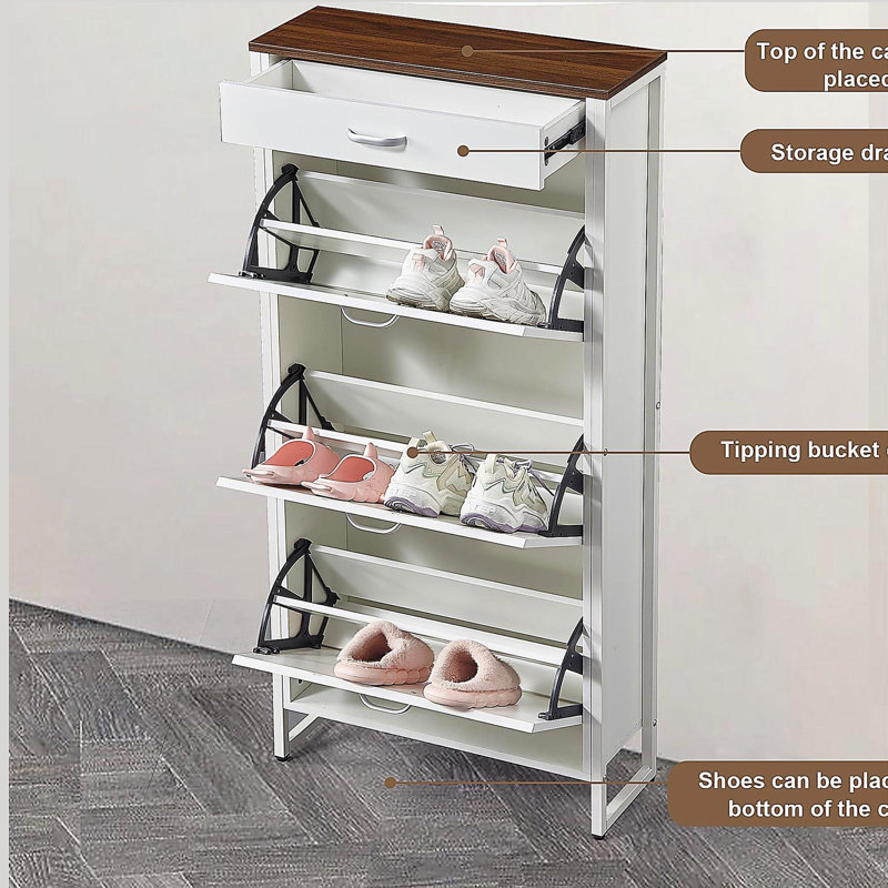 Armoire à chaussures avec 3 tiroirs rabattables et 1 tiroir, étagères de rangement minces pour le vestibule, range-chaussures étroits dissimulés