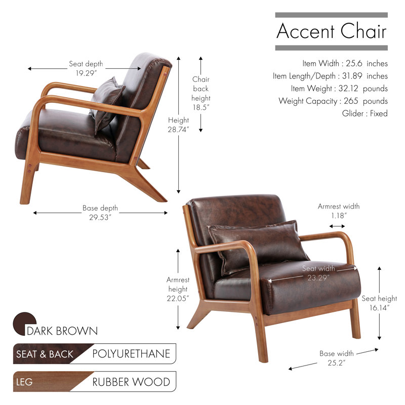 Chaise d'appoint Arsh avec coussin, revêtement en polyuréthane et pieds en bois d'hévéa, Polyuréthane brun foncé