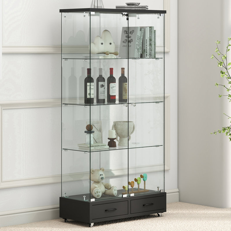 Modern Glass Display Cabinet With 2 Large Drawers, Black