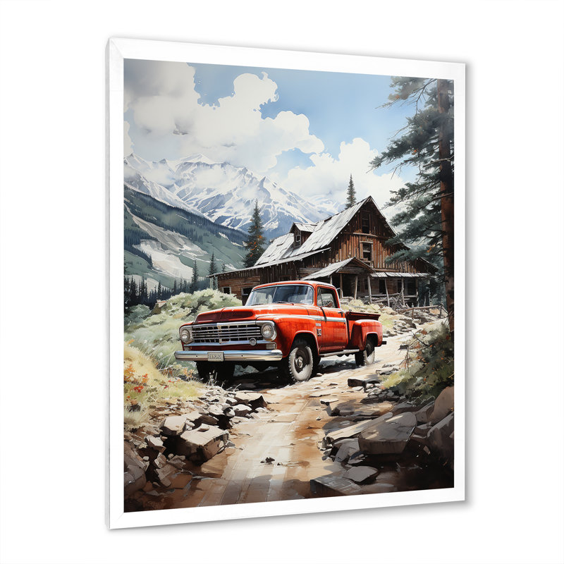 Retraite de montagne en camionnette rouge Taounate, H 44 po x l 34 po x P 1,5 po, Cadre photo blanc
