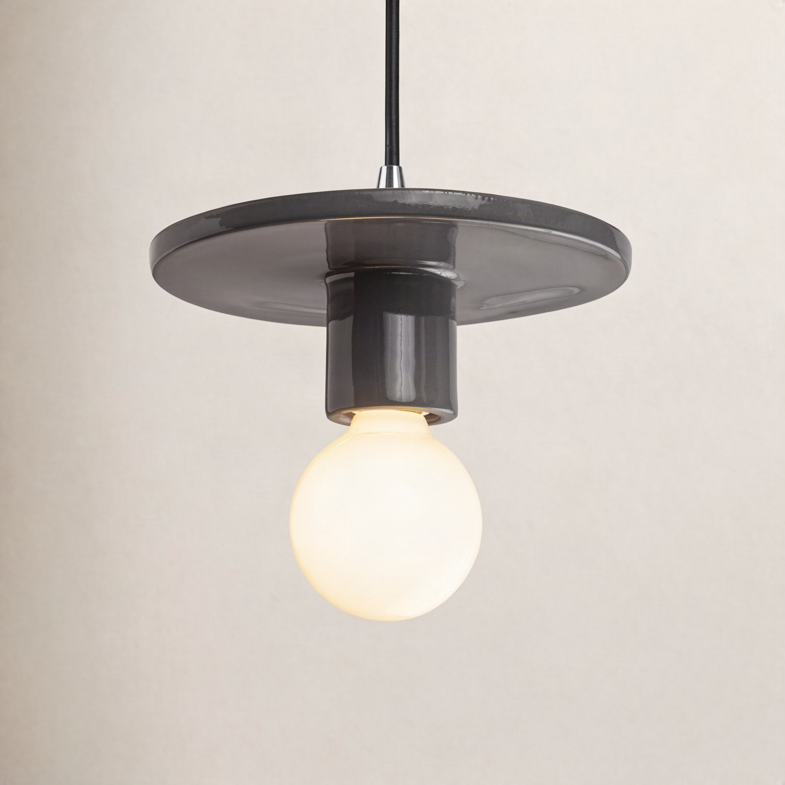 Leni Single Light Ceramic Dimmable Pendant, Gloss Gray, Polished Chrome