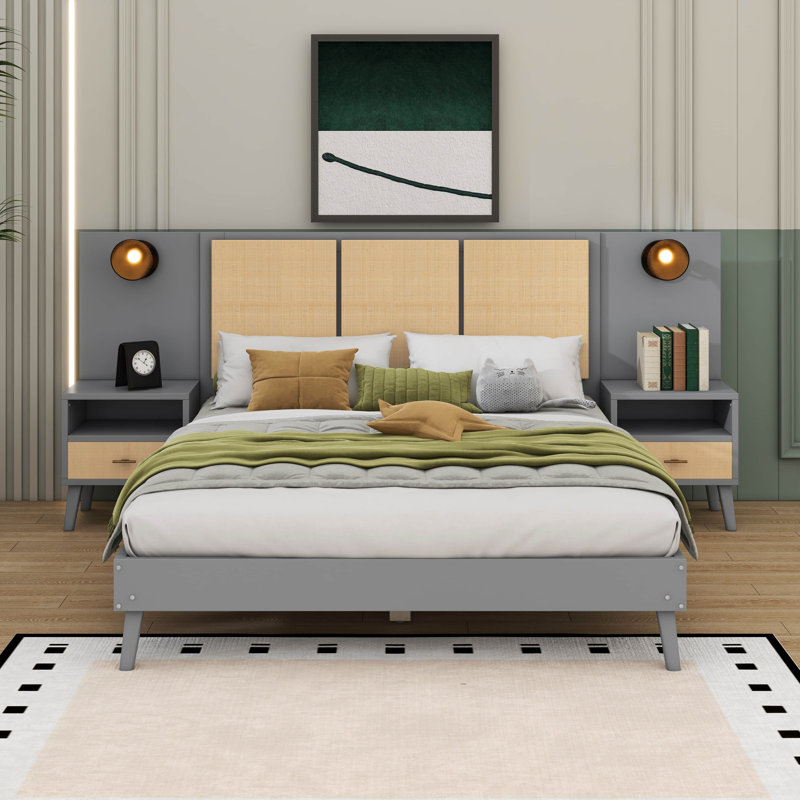 Structure de lit grand en bois massif avec 2 tables de chevet, gris