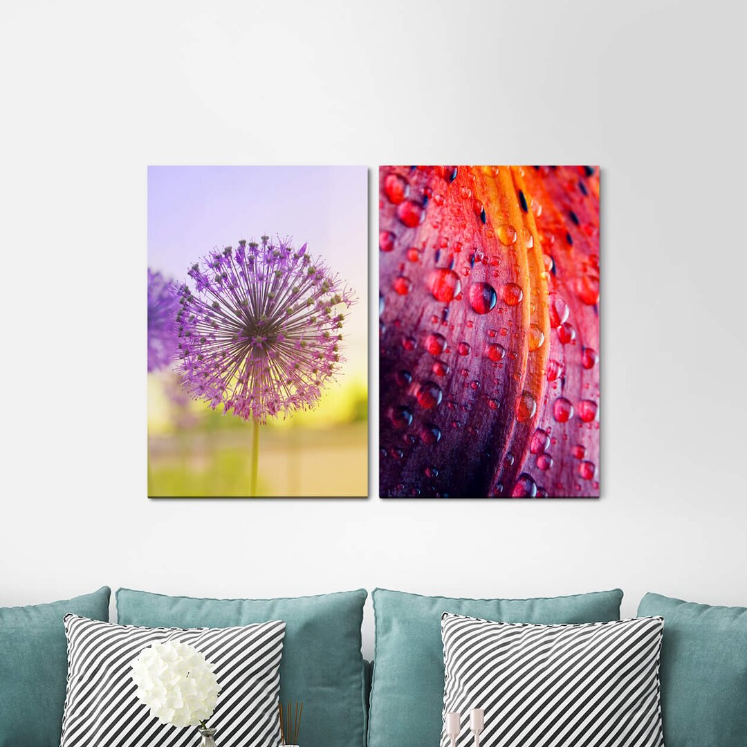 2-tlg. Leinwandbilder-Set - Grafikdruck „Summer Flower Colourful Blowball Water Drops Summer Sun”