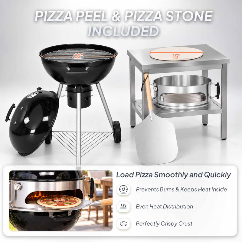 3-in-1 Kettle Charcoal Grill, Pizza Oven & Smoker with Pizza Stone, Pizza Peel and Mobile Cart