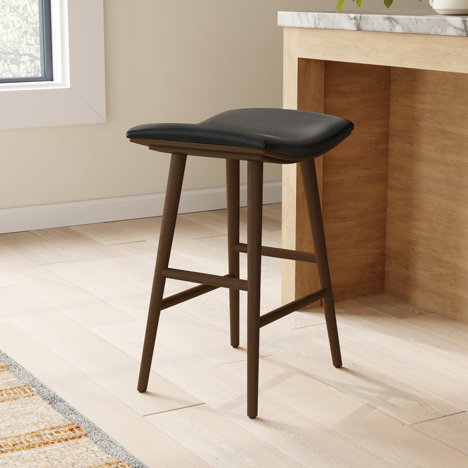 Schaeffer Bar and Counter Stool, Bar Stool (30" Seat Height), Faux Leather - Distressed Black/Warm Parawood