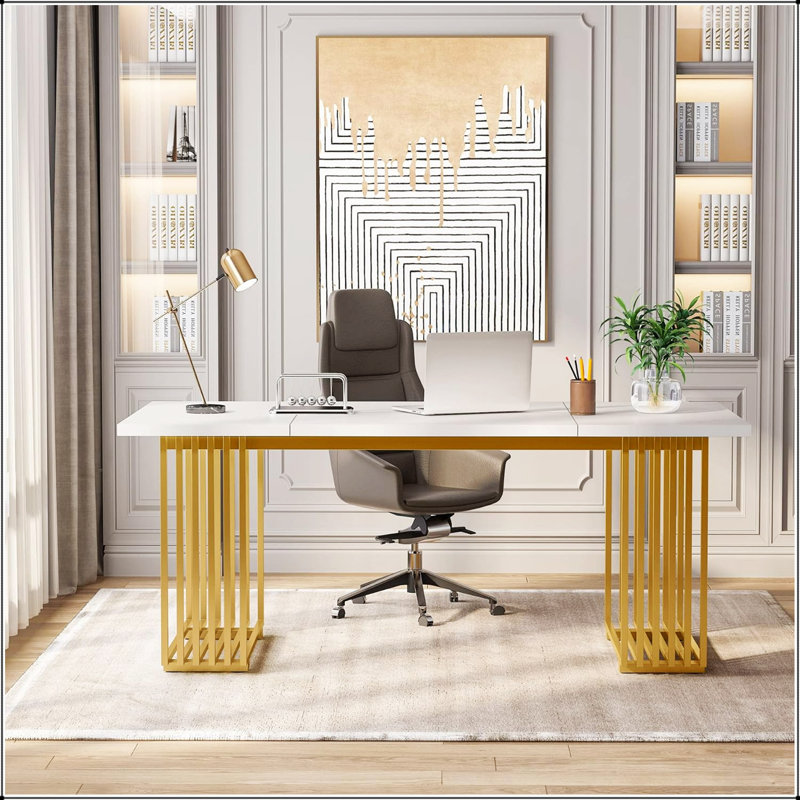 Bureau de direction moderne de 70,9 po avec pieds en métal doré, spacieux et durable pour le bureau à domicile ou la salle de réunion