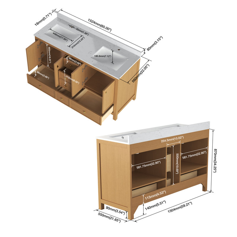 Meuble-lavabo moderne à double évier avec finition en bois, rangement spacieux pour la salle de bain