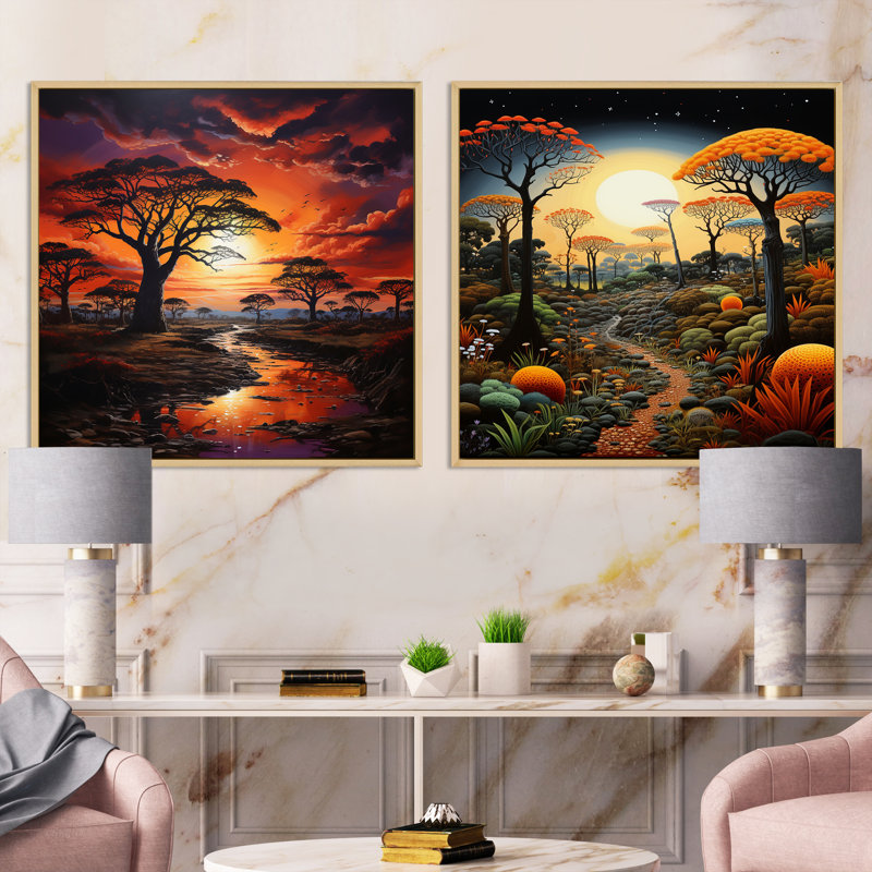 Coucher de soleil et paysage de baobabs - ensemble de 2 arbres carrés, Cadre flottant brun, H 16 po x l 33 po