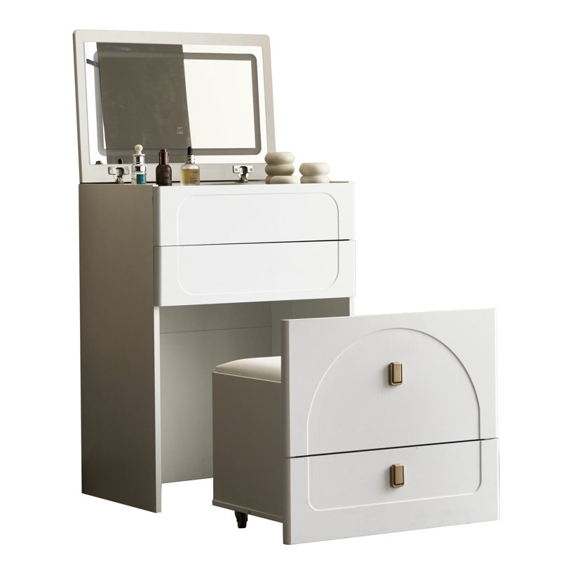 Meuble-lavabo blanc 3 en 1 avec tiroirs, miroir rabattable, tabouret, maquillage à DEL et grand rangement pour l'éclairage de la chambre à coucher