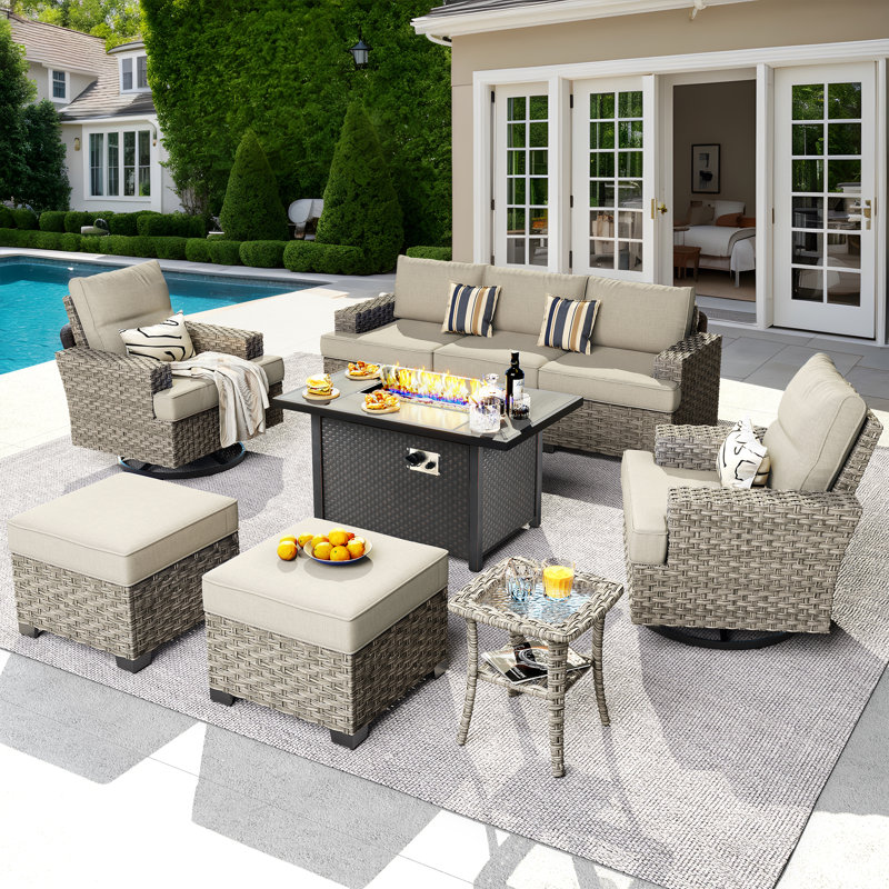 Wahkon Wicker/Rattan 5 - Person Seating Group With Swivel Chairs and Cushions, Beige