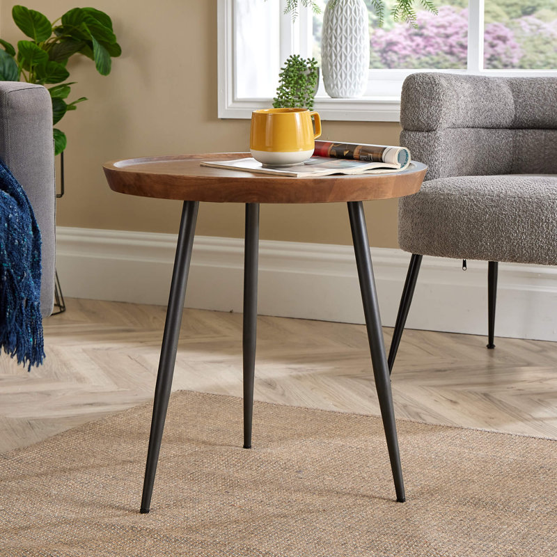 Finzel Solid Mango Wood Industrial Round Coffee Table with Metal Legs, 35cm H x 55cm W x 55cm L
