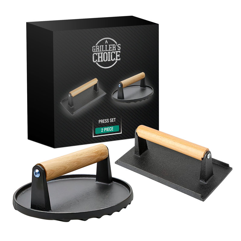 Grillers Choice Cast Iron Round and Rectangle Grill Press Set with Wooden Handle
