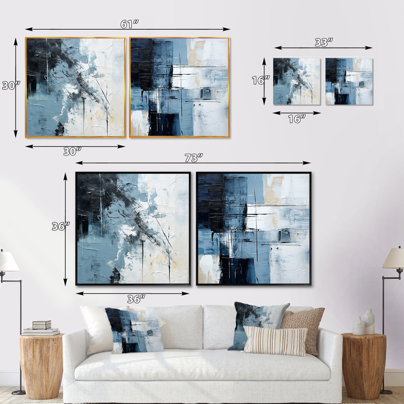 "Art moderne scandinave bleu et beige", 2 pièces, Cadre flottant noir, H 16 po x l 33 po